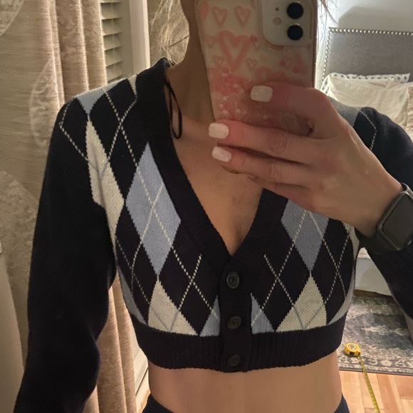 H&M blue argyle cropped cardigan xs - Picture 1 of 8